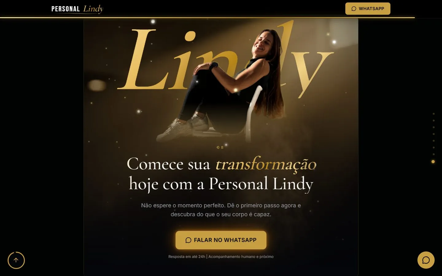 Chamada final do site da Personal Lindy, com o nome Lindy em dourado