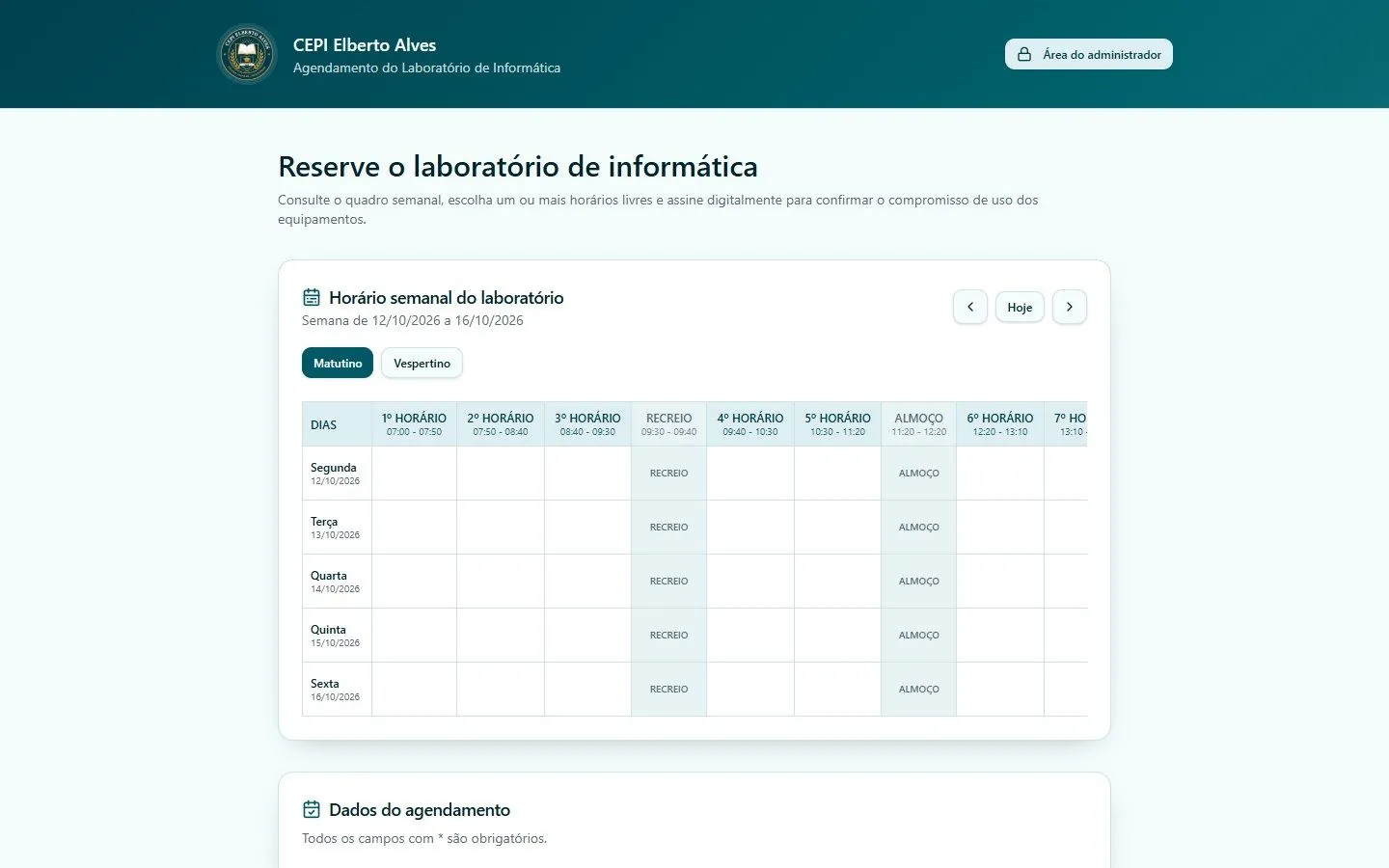 Agenda do laboratório de informática do CEPI Elberto Alves