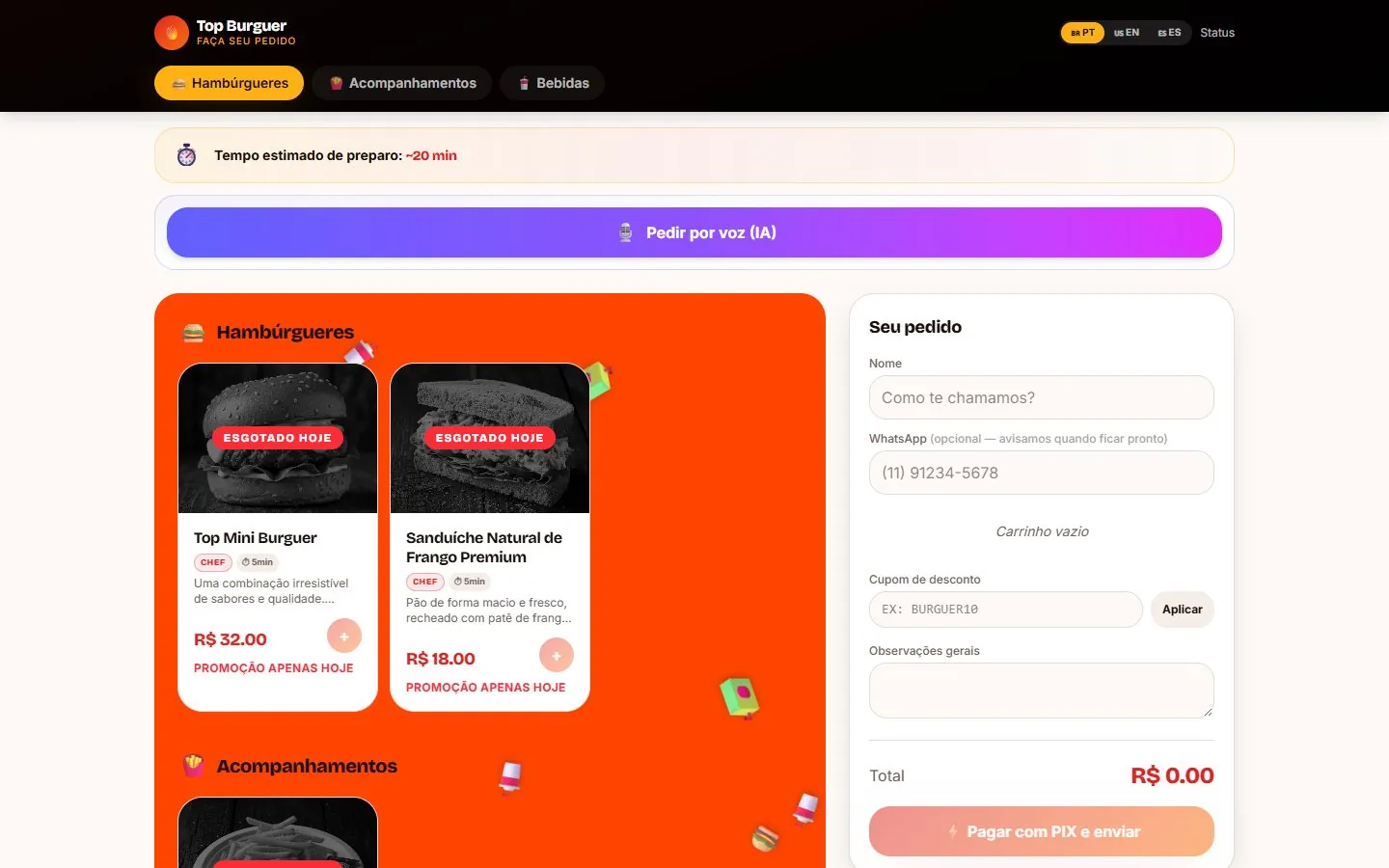 Cardápio e carrinho do aplicativo de pedidos da Top Burguer