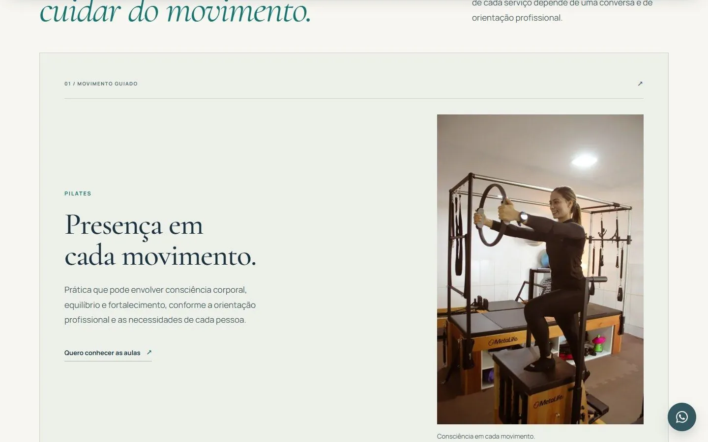 Seção de Pilates do site da Vitalle